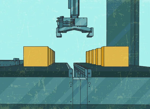 Ilustración Vectorial Estilizada Línea Transportadora Automatizada Con Manipulador Robótico Estilo — Archivo Imágenes Vectoriales