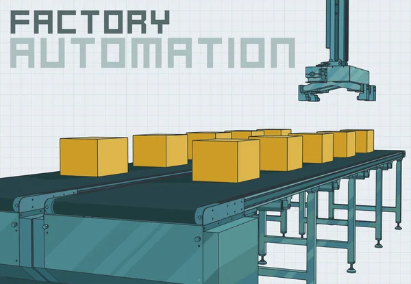 Ilustración Vectorial Estilizada Línea Transportadora Automatizada Con Manipulador Robótico — Vector de stock