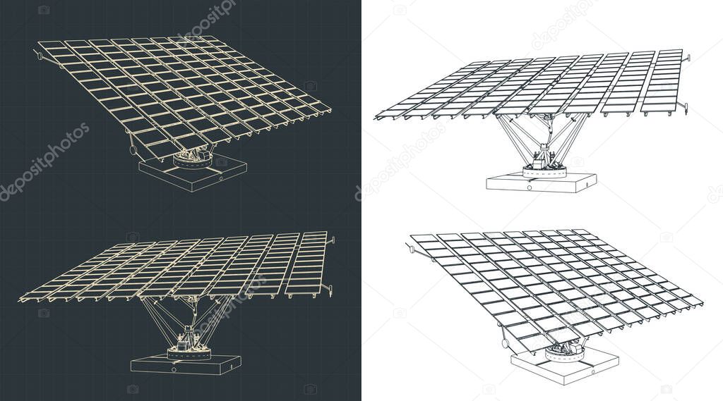 Stylized vector illustration of drawings of solar panels with an automatic positioning system