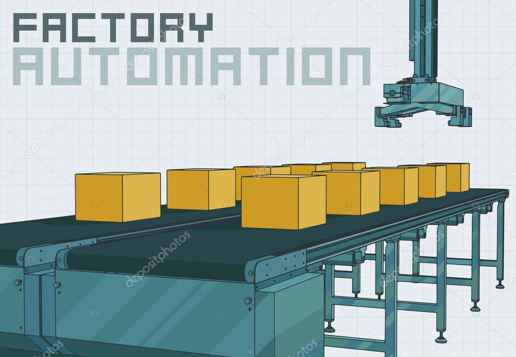 Stylized vector illustration of automated conveyor line with robotic manipulator