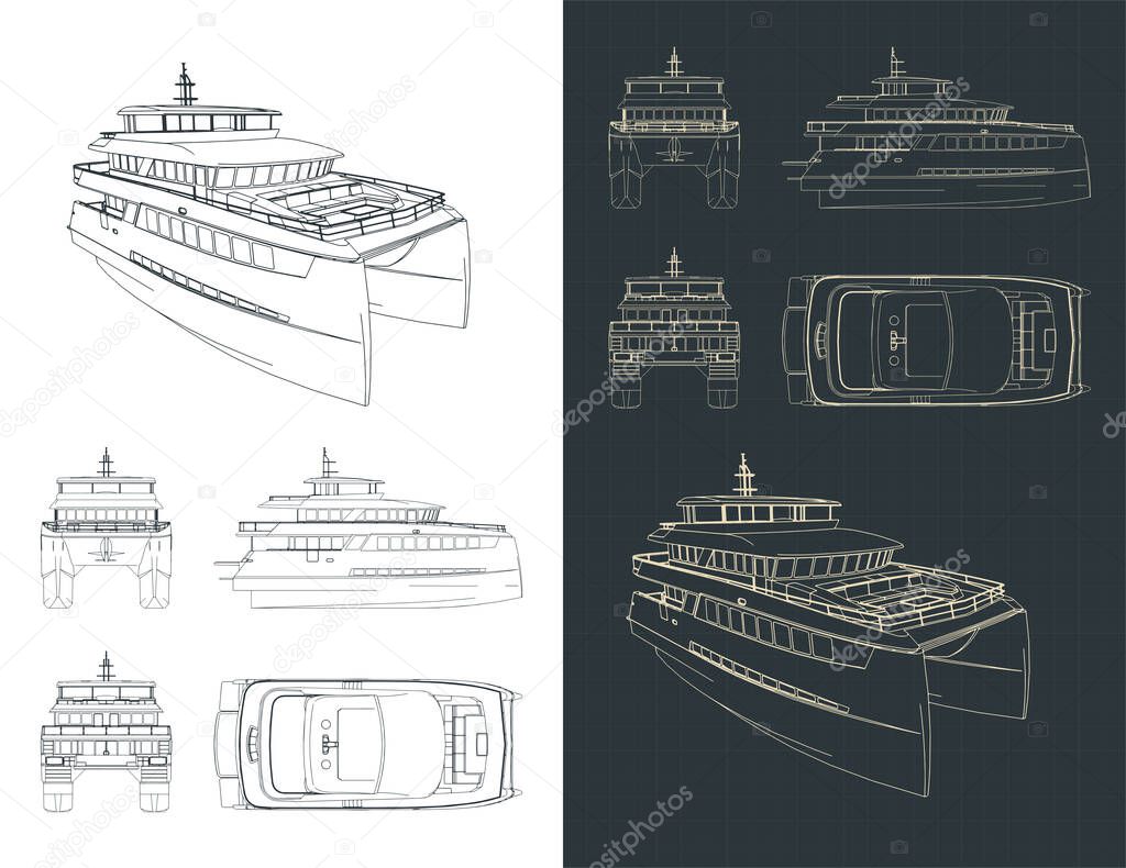 Stylized vector illustration of large catamaran isometric drawings