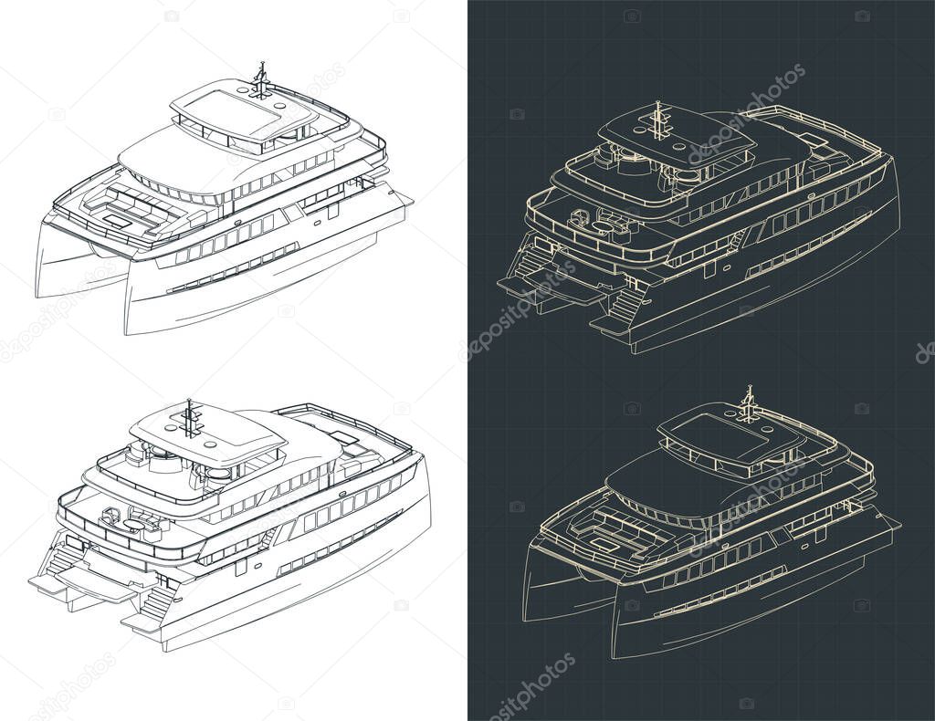 Stylized vector illustration of large catamaran isometric drawings