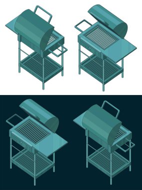 Izgara ve barbekü renginin izometrik çizimlerinin biçimlendirilmiş vektör çizimi