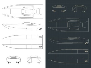 Sürat teknesinin çizimlerinin biçimlendirilmiş vektör çizimi