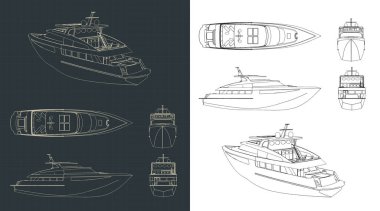Lüks bir yatın planlarının stilize edilmiş vektör çizimi