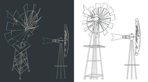ファーム風車の図面のスタイルベクトル図 — ストックベクタ