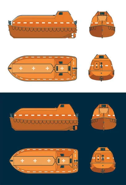 Stilisierte Vektorillustration Der Farbigen Baupläne Des Rettungsbootes — Stockvektor