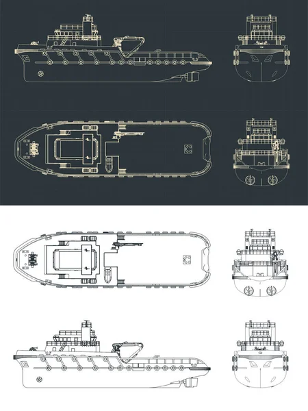 Gestileerde Vector Illustratie Van Blauwdrukken Van Anker Handling Sleepboot — Stockvector