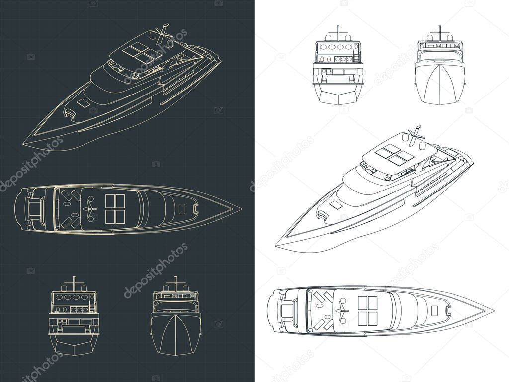 Stylized vector illustration of drawings of a luxury yacht