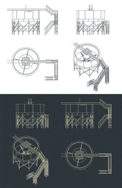 Madencilik kalınlaştırma tankının planlarının biçimlendirilmiş vektör çizimi