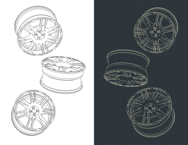 Stylized Vector Illustration Drawings Alloy Wheels Blueprints — ストックベクタ