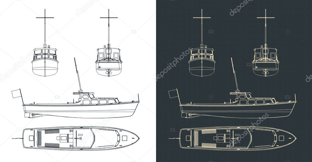 Stylized vector illustration of blueprints of sightseeing boat