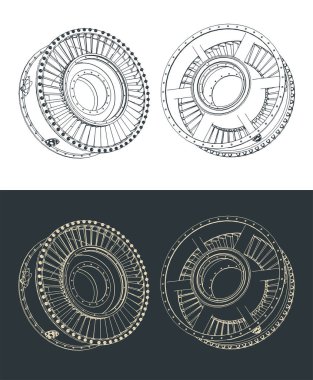 Jet motoru giriş kaplamasının çizimlerinin biçimlendirilmiş vektör çizimi