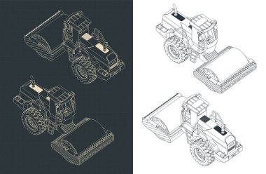 Yol silindirinin izometrik planlarının biçimlendirilmiş vektör çizimi