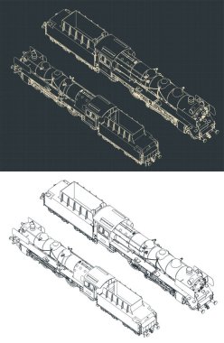 Buhar lokomotifinin izometrik planlarının biçimlendirilmiş vektör çizimi