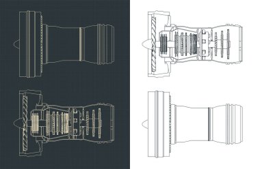 Turbofan motorunun çizimlerinin biçimlendirilmiş vektör çizimi