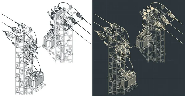 架線フィーダータワートランスステーションの等方設計図のベクトル図 — ストックベクタ