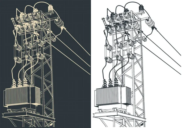 Stylized Vector Illustration Overhead Power Line Feeder Tower Transformer Station — Stockvector