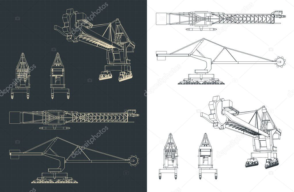 Stylized vector illustration of blueprints of stacker reclaimer