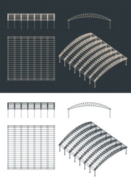 Endüstriyel hangarın planlarının biçimlendirilmiş vektör çizimi
