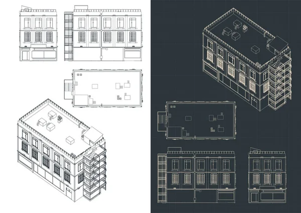 Ilustración Vectorial Estilizada Planos Edificios Antiguos — Vector de stock