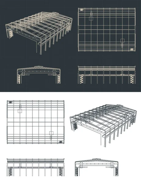 大規模な産業格納庫の設計図のスタイルベクトル図 — ストックベクタ