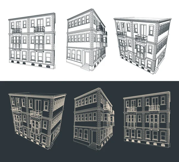 Stylized Vector Illustration Blueprints Classic Building — Stock Vector