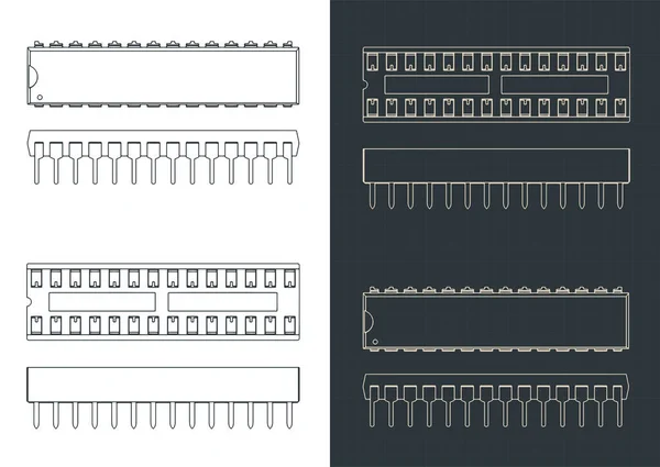 微控制器和Dip插座蓝图的样式化矢量图解 — 图库矢量图片