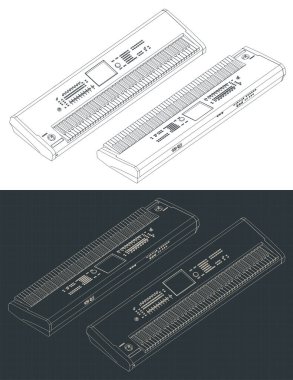 Sentezleyici klavyesinin izometrik planlarının biçimlendirilmiş vektör çizimi