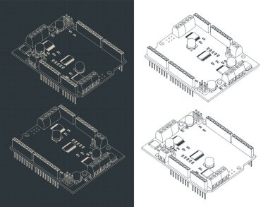 DC 'nin izometrik planlarının biçimlendirilmiş vektör çizimi ve Arduino için Stepper motor kalkanı