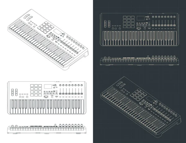Stylized Vector Illustration Blueprints Midi Controller Keyboard — Stock Vector