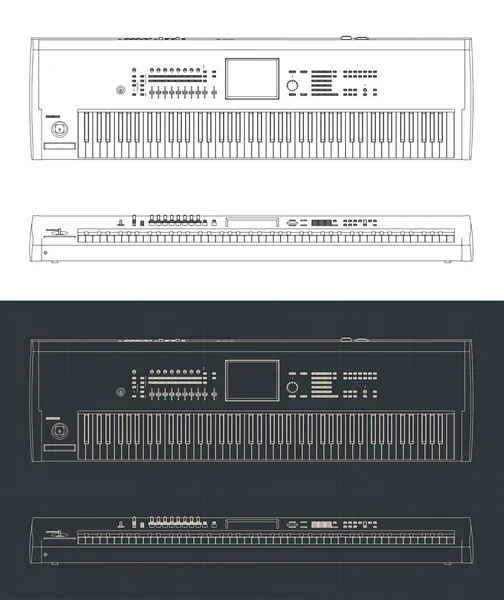 Stilisierte Vektorillustration Der Baupläne Der Synthesizer Tastatur — Stockvektor