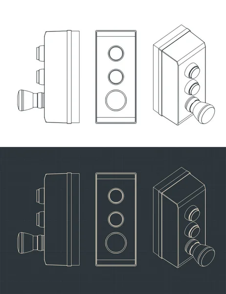 Stylizowane Wektorowe Ilustracje Schematów Skrzynki Sterowniczej Przełącznika Przycisku — Wektor stockowy
