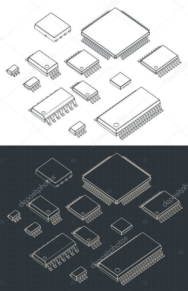 Stylized vector illustrations of isometric blueprints of integrated circuits packages for surface mount