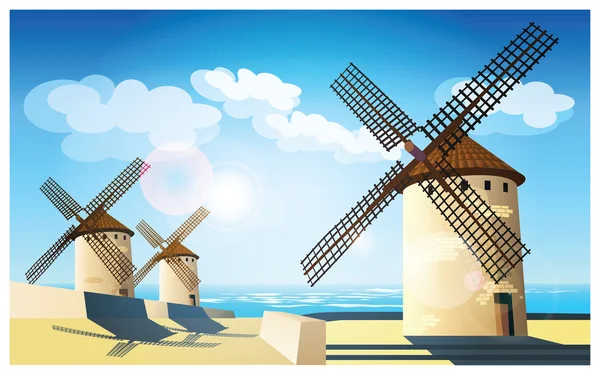 Molinos de viento en las orillas — Vector de stock