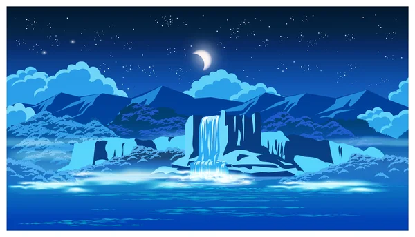 Cascada pintoresca en la noche — Vector de stock