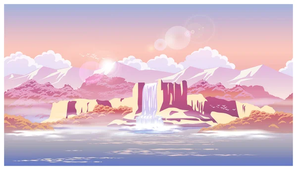 Схід сонця над прекрасним водоспадом — стоковий вектор