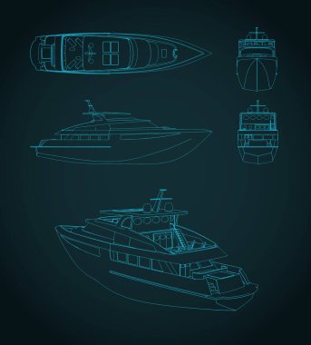 Lüks bir yatın planlarının stilize edilmiş vektör çizimi