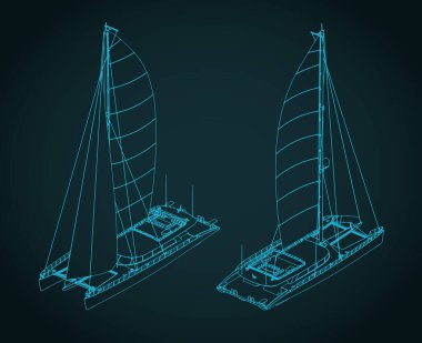 Büyük bir yelkenli katamaranın izometrik teknik çizimlerinin biçimlendirilmiş vektör çizimleri