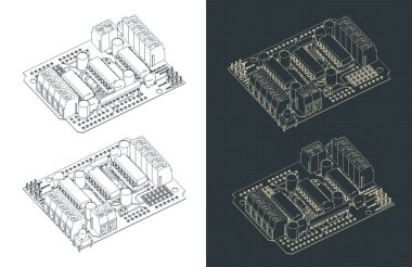 Servo motor sürücü kalkanı izometrik çizimler biçimlendirilmiş vektör çizimleri