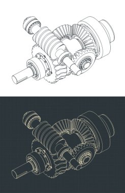 Diferansiyel yapı izometrik çizimlere sahip solucan dişli kutusu stilize vektör çizimleri
