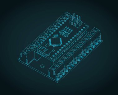 Arduino nano IO kalkanı ve Arduino nano izometrik plan. Arduino donanımının biçimlendirilmiş vektör çizimleri