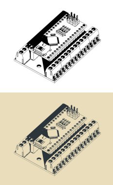 Arduino nano-IO kalkanı ve Arduino nano tahtası. Arduino donanımının biçimlendirilmiş vektör çizimleri