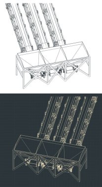 Beton karıştırıcı bitki ekipmanları izometrik çizimler. Doldurucu besleme kutuları ve taşıma bandı taşıyıcıları yakın çekim