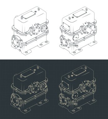 İki aşamalı solucan dişli kutusu izometrik çizimler biçimlendirilmiş vektör çizimleri