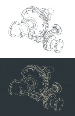 İki aşamalı solucan dişli kutusu mekanizması ve yapı izometrik çizimler biçimlendirilmiş vektör çizimleri