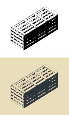 Taşıma için ahşap sandık kutusu izometrik biçimlendirilmiş vektör çizimleri