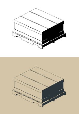 Nakliye kutusu ahşap palete sabitlendi. Yönlendirilmiş izometrik çizimler.