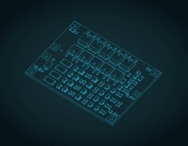 Lityum iyon pil yönetimi ve koruma modülü izometrik plan biçimlendirilmiş vektör çizimi