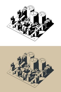 Hi-Fi stereo ses yükseltici panosunun stilize vektör izometrik çizimleri